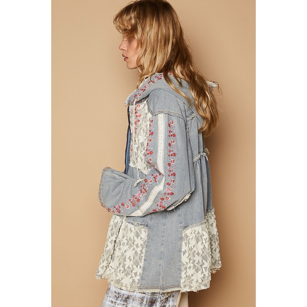 POL Light Gray Denim Hooded Jean Jacket with White Lace & Red Floral Accents - Picture 8 of 10